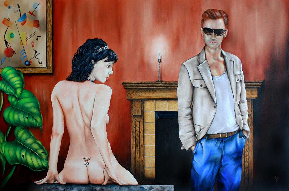 Figurative fine art Painting. Behind Closed Doors, oil on canvas.  Peter Buddle